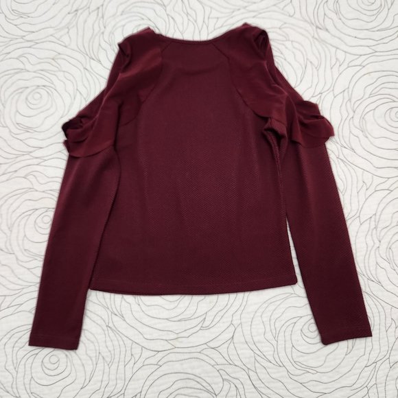 GUESS [XS] Burgundy Cold Shoulder Ruffle Long Sleeve Guess Top - Picture 2 of 11